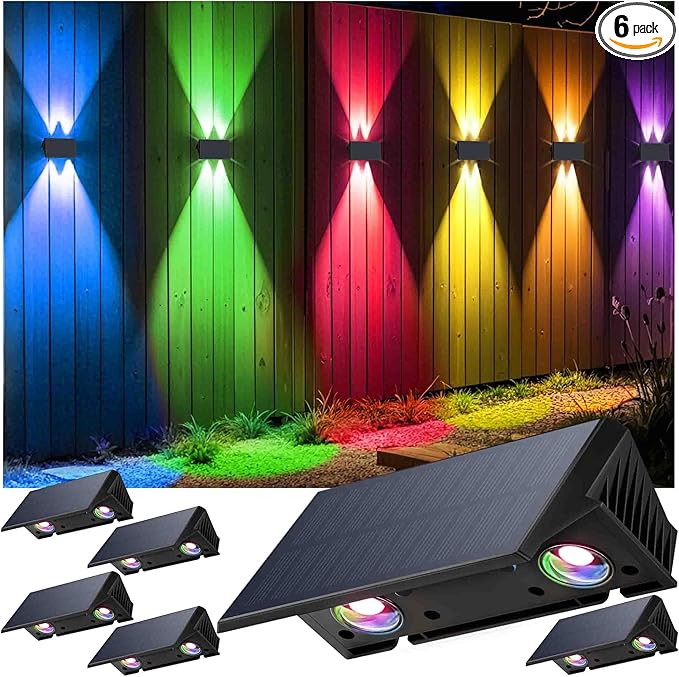 Fence Lights Solar Powered, 6-Pack Solar Fence Lights Up/Down Flexible Buttons, IP67 Waterproof for Outdoor, 120LM Bright, Auto Dusk to Dawn for Wall/Stairs/Yard/Railing/Deck/Pathway (White & RGB)