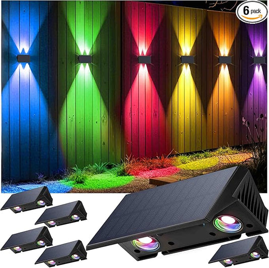 Fence Lights Solar Powered, 6-Pack Solar Fence Lights Up/Down Flexible Buttons, IP67 Waterproof for Outdoor, 120LM Bright, Auto Dusk to Dawn for Wall/Stairs/Yard/Railing/Deck/Pathway (White & RGB)