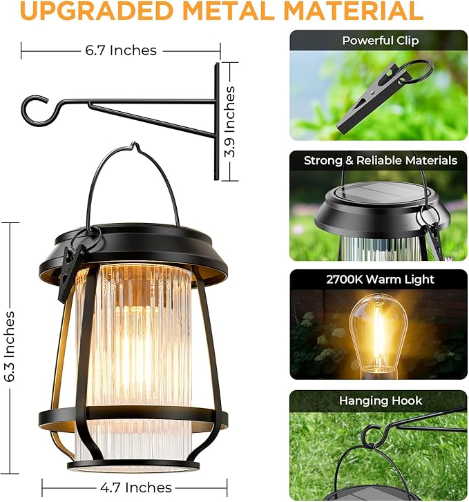 Solar Lanterns Outdoor Waterproof, Metal Hanging Solar Lights Outdoor with Hooks Wall Mount Kit, Solar Powered Lanterns for Garden Porch Patio Fence Decorative 2 Pack (Warm Light)