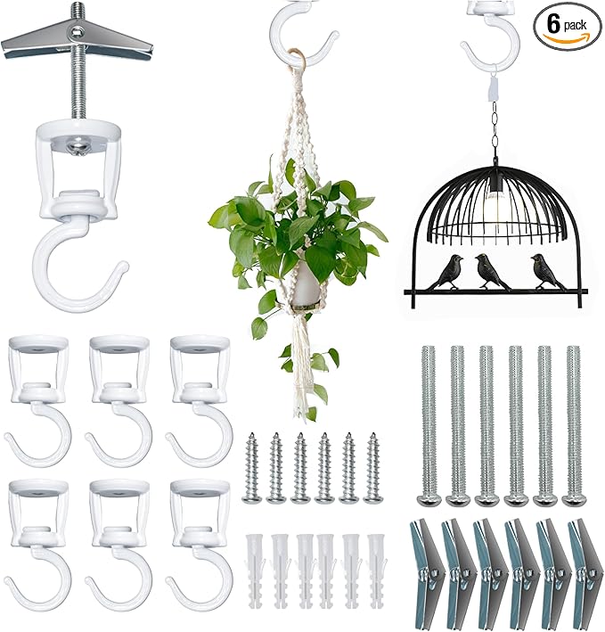 Ceiling Hooks for Hanging Plants (6 PCS White),Heavy Duty Metal Plant Hooks, Screw in Hooks for Hanging Birdfeeders, Lamps, Planters, Outdoor Decorative Hooks up to 33 lbs