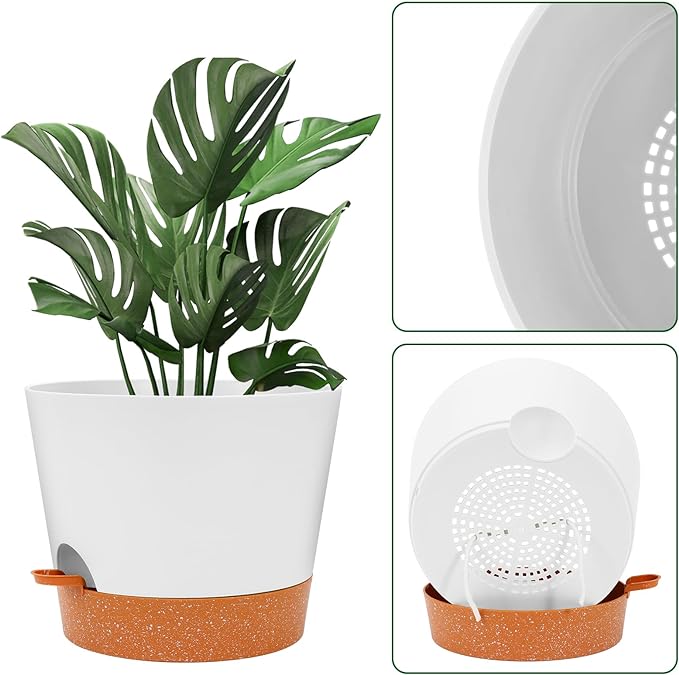 GARDIFE 12 inch Plant Pots, planters,Self Watering Pots, 2 Pack Large Plastic Flower pots with Deep Reservior and High Drainage Holes for Indoor Outdoor Plants and Flowers, White