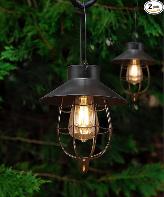YAKii 2 Pack Solar Lantern Hanging Waterproof Outdoor Metal Solar Lamp with Warm White Light Decorate for Yard Garden Pathway Patio Porch Decor (Black)