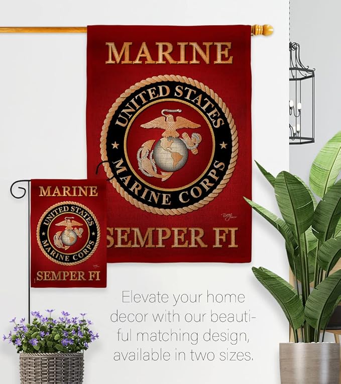 Marine Corps Burlap Garden Flag - Set with Stand Armed Forces USMC Semper Fi United State American Military Veteran Retire Official - House Banner Small Yard Gift Double-Sided Made In USA , Garden Flag 13"x 18.5"