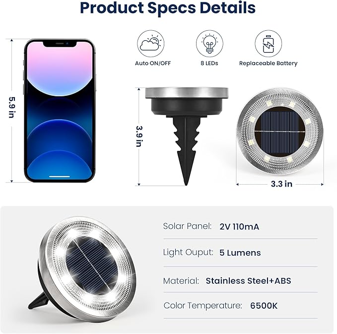 SOLPEX 2 Pack Solar Ground Lights Outdoor Waterproof, Solar Powered Pathway Lights, Landscape Lighting for Garden Walkway Driveway Backyard Decor (Cool White)