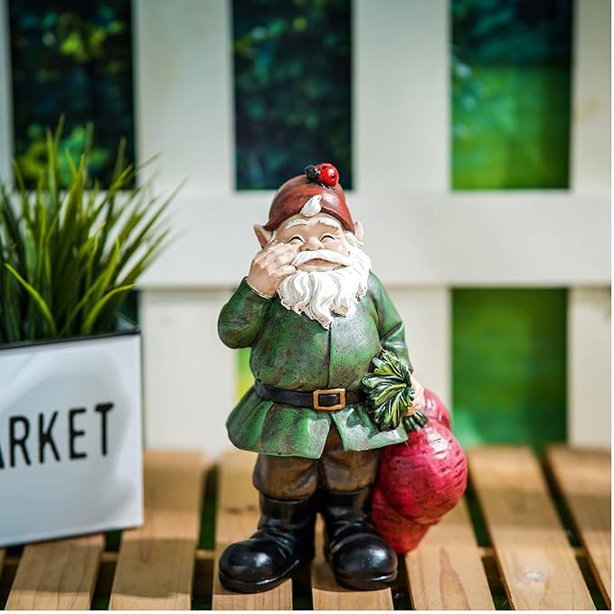 Topadorn Gnomes Figurine Resin Sculpture Garden Gnome Drag a Brunch of Radishes Statue with a Ladybug for Outdoor Garden Decor, Radish Harvest 10 Inch
