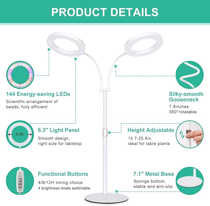 LBW Halo Plant Grow Lights, Dual-Head Desk Grow Light for Indoor Plants, 72x2 LEDs Full Spectrum Grow Lamp with 4/8/12H Auto Timer, 4-Level Brightness, Flexible Gooseneck, Height Adjustable, White
