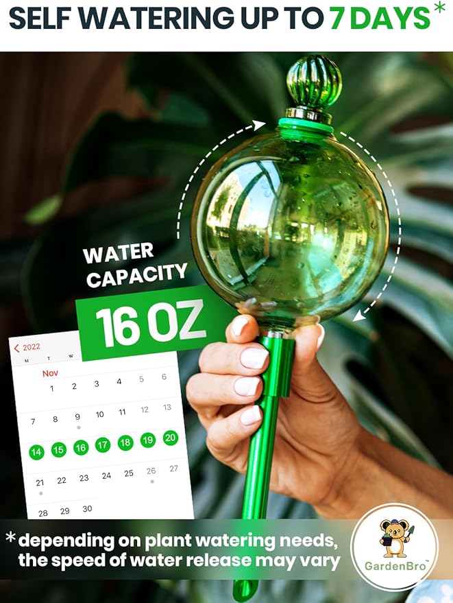 16 Oz Plant Watering Globes For Indoor Plants With Metal Self Watering Planter Insert - Premium XL Glass Hand-blown Globes - Automatic Indoor Planter Waterer, Gift Idea For Gardeners [1, Green]