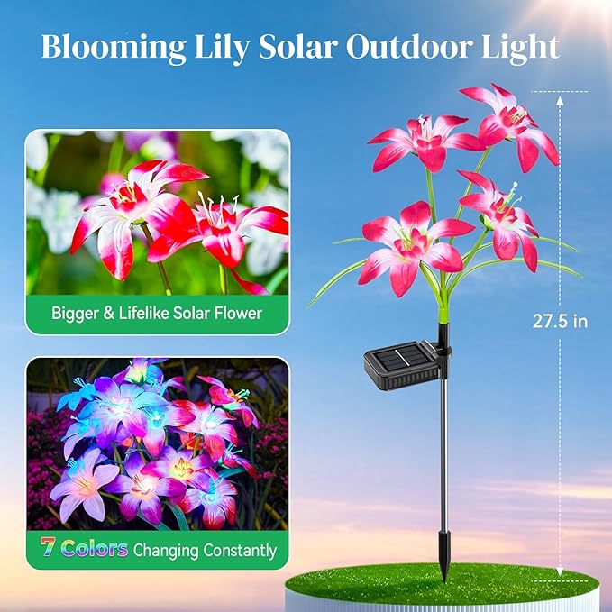 Solar Garden Lights Outdoor, 6 Pack Blooming Lily Solar Flowers Outdoor Waterproof, 7 Color Changing Bigger Solar Flower Lights for Yard Patio Outside Decorative Mom Gifts