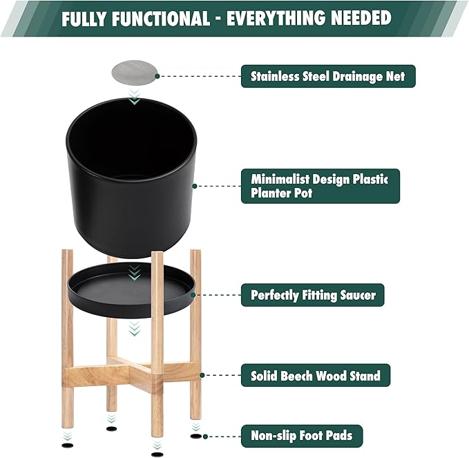 D'vine Dev Planter Pot with Stand - 12 Inch Plastic Cylinder Flower Pot with Wood Planter Holder for Indoor, Matte Black Pot + Natural Stand, 55-C-P-2