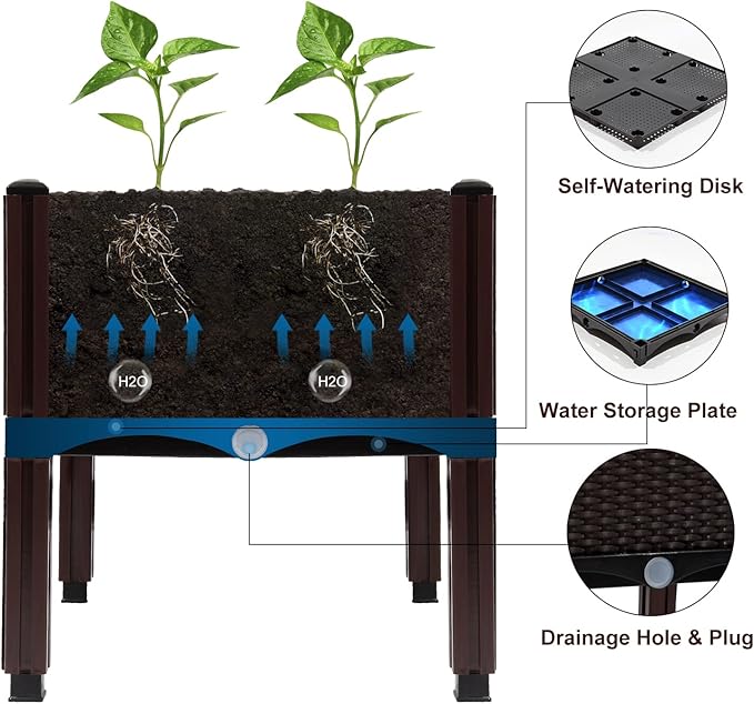 MAYOLIAH Raised Garden Bed with Drainage Elevated Planter Box Plastic Raised Beds for Gardening Vegetables Herb Flowers, Perfect for Indoor Outdoor Planting, 6 Boxes Brown