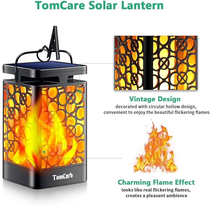 TomCare Solar Lanterns Outdoor Upgraded Flickering Flame Waterproof Hanging Lanterns Decorative Solar Powered LED Christmas Lights for Patio Deck Yard, 2 Pack
