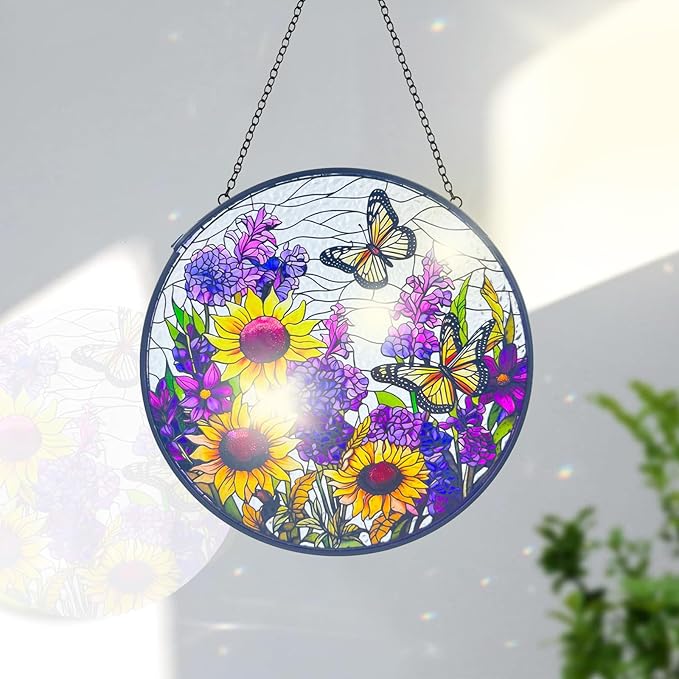 Butterfly Sunflower Stained Glass Suncatchers - Handcrafted Round Glass Art for Windows & Doors Décor - Decoration for Home Garden Christmas Party Wedding Housewarming Gifts