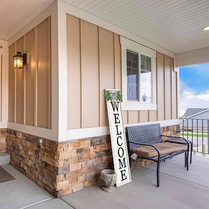 Welcome Sign for Front porch Standing 45"X9"Large Wood Frame Outdoor Tall Welcome Signs Vertical Decor for Farmhouse Rustic Home Modern Outside Front Door Wall Decorations (White)