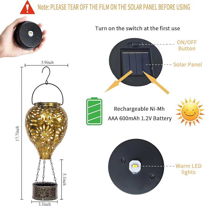 Solar Hot Air Balloon Lantern, Hanging Outdoor Waterproof Yellow LED Lantern