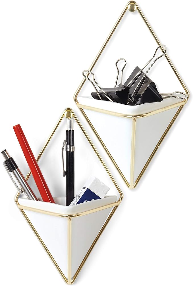 Umbra Trigg Hanging Planter Vase Wall Decor, Set of 2 Pots Containers for Succulents, Cactus, Faux Plants, and More, Small, White/Brass