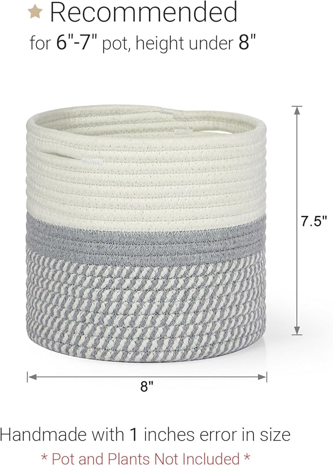 Dahey Jute Cotton Rope Plant Basket Mini Woven Storage Basket for Up to 7" Planter, Decorative Flower Pot Cover Closet Storage Bin Table Desk Organizer Modern Home Decor, Grey