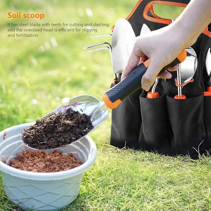Garden Tool Set, 9 Pcs Stainless Steel Heavy Duty Garden Tool, Gardening Tools with Water Proof and Never Mould Tote, Gardening Gifts for Men and Women