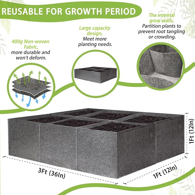 Fabric Raised Garden Bed, 6x3x1ft Fabric Square Grow Bags for Vegetable Herbs, Fabric Plant Pots Indoor Outdoor, 6 sq. ft.