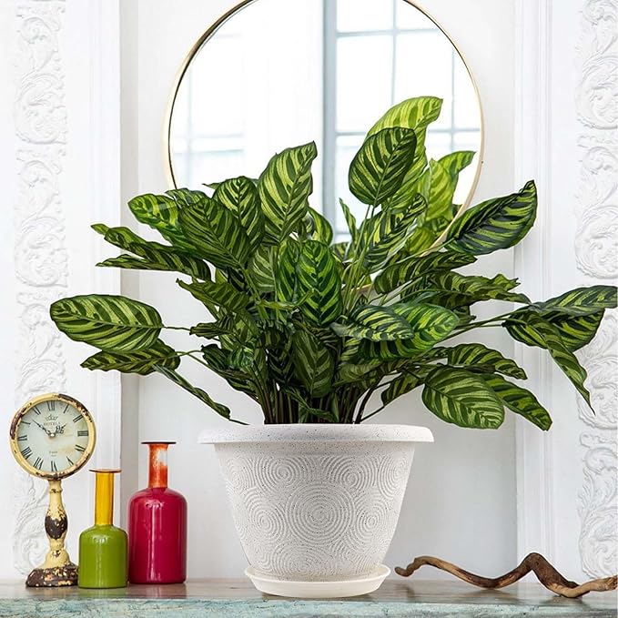 Plastic Flower Pots Planters for Indoor Plants, 4 Pack 16 Inch White Plant Pots with Drainage Hole & Tray, Modern Decorative Large Plant Pot with Saucer for Indoor Outdoor Plants Garden House Planter