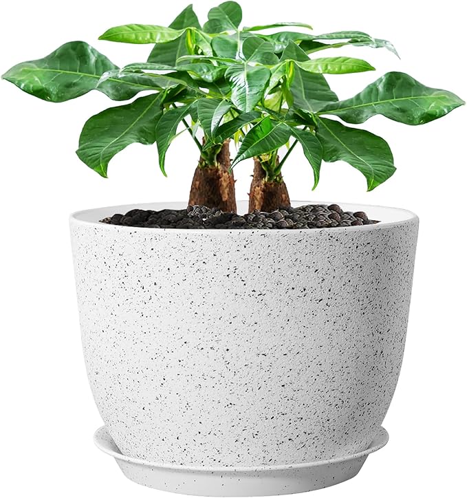 12inch Large Plant Pot, Modern Plastic Planter with High Driange Holes and Saucer for Indoor Outdoor Garden Plants and Flowers, White Speckles