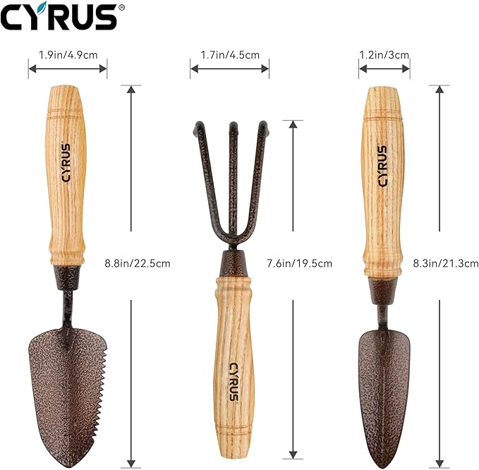CYRUS Garden Tool Set,3 Piece Garden Shovel,Includes Hand Shovel, Transplanting Shovel and Hand Rake with Ash Wood Handle for Planting, Weeding, Maintaining Lawns and Gardens