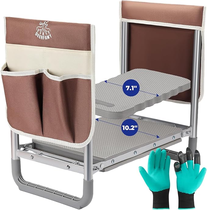 DEERFAMY Garden Stool 10.2" Width, Garden Kneeler and Seat Load Cap 350 lbs, Heavy Duty Gardening Stool with Extra Kneeling Pad, 2 Tool Pouches, Claw Gloves, Gift for Women Seniors, Brown