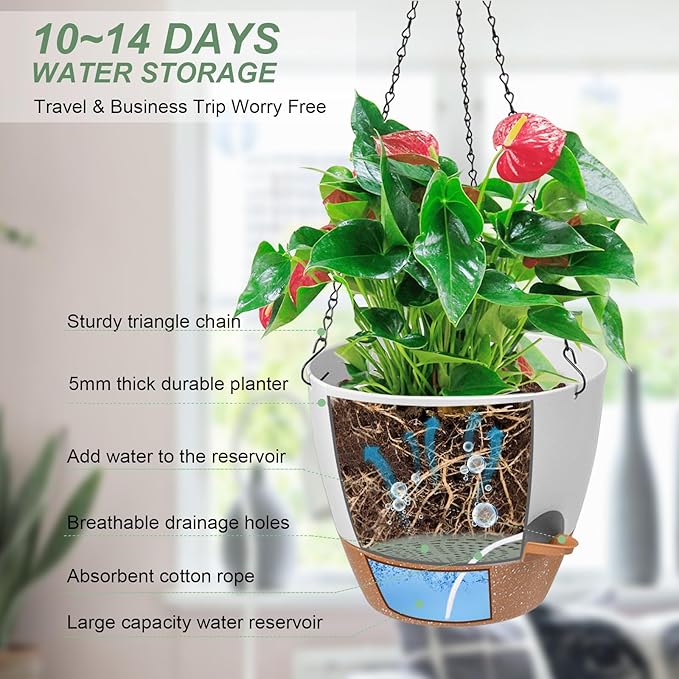 Hanging Planters for Indoor Outdoor Plants, 1 Set Self Watering Hanging Pot with Drainage Holes & Removable Tray (White-12inch, 12'')