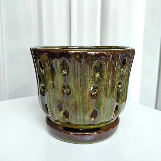 Ceramic Orchid Pots with Attached Saucer and Drainage Hole 6'' Orchid Planter (mossgreen)