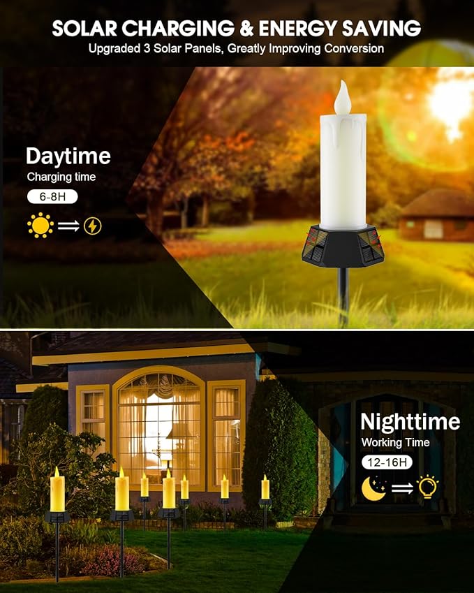 Solar Lights Outdoor Waterproof, Electric LED Flameless Candles with 3 Solar Panels, Solar Pathway Lights for Christmas Outdoor Party Yard Camping Garden Home Decorations, 2 Pack