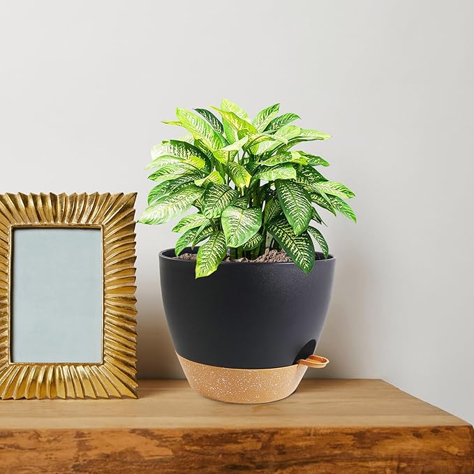 8 inch Self Watering Pots, 2 Pack Plastic Planters with Mesh Drainage Holes for Garden Plants and Flower, Plants Pots with Deep Reservoir for Indoor Outdoor Plants, Black with Brown