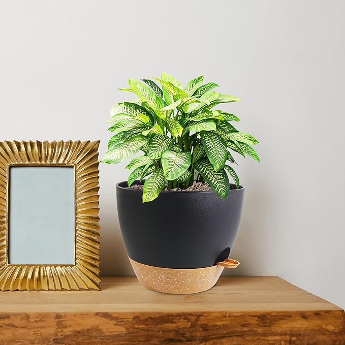 8 inch Self Watering Pots, 2 Pack Plastic Planters with Mesh Drainage Holes for Garden Plants and Flower, Plants Pots with Deep Reservoir for Indoor Outdoor Plants, Black with Brown