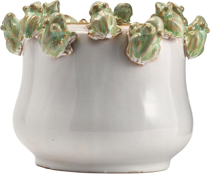 Creative Co-Op Stoneware Planter with Frog Figurine Rim, Multicolor