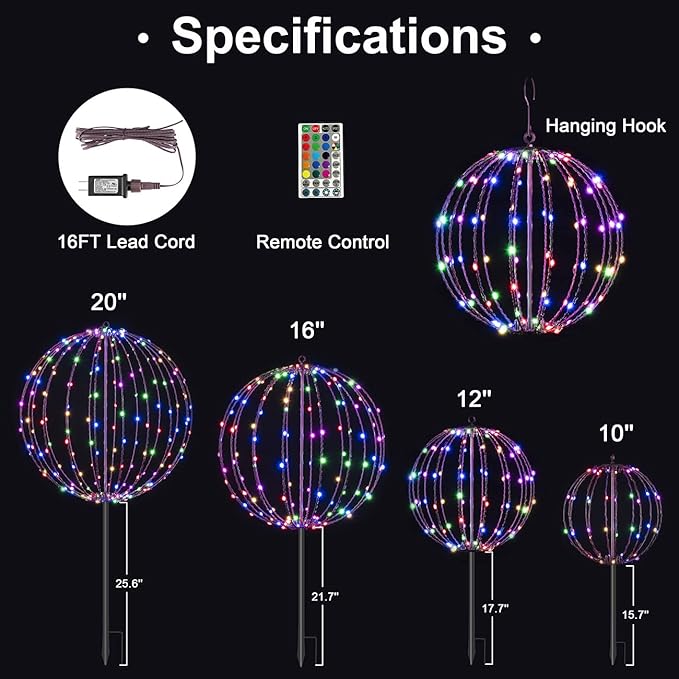 Christmas Ball Light Sphere, 10IN 48LED Hanging Tree Light and Pathway Lights with Hook and Stake, Foldable Metal Frame Light Ball for Outdoor Garden, UL Listed, Brown Frame, RGB