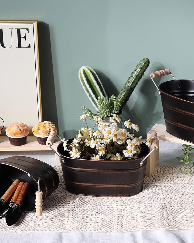 Galvanized Oval Planter Tubs for Outdoor Plants - Farmhouse Small Metal Tin Buckets with Drain Hole & Rubber Plug Medium Plant Containers with Handles Vintage Style for Decor, Set of 3 (Black)