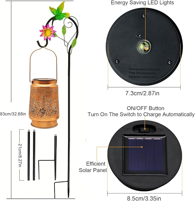 2 Pack Solar Lanterns Outdoor Hanging Lanterns with Shepherd Hook, Birthday Gifts for Women Mom Grandma Hummingbird Metal Decor Lantern Waterproof Solar Lights LED Decorative for Garden Yard Patio