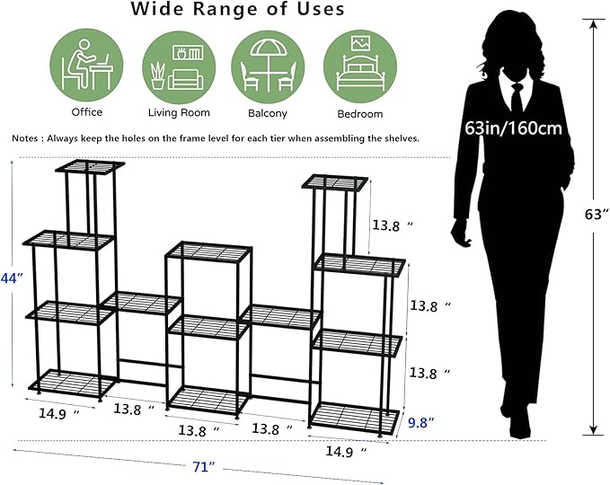 Tall Multi Tier Plant Stand, 13 Tiers Multifunctional Plant Stands for Indoor Plants, Decorative Black Steel Plant Shelf for ontdoor Patio Garden Balcony and Yard