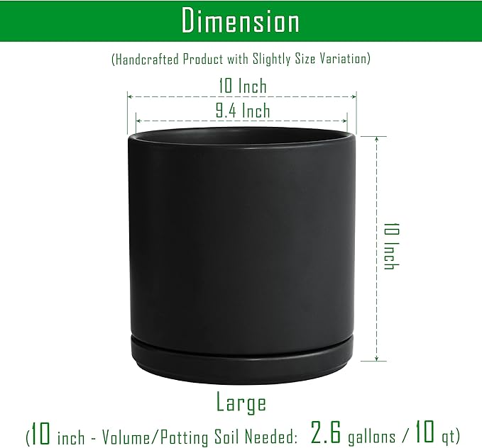 D'vine Dev Set of 2 Plants Pots, 10 Inch Ceramic Planter Pot for Plants with Drainage Hole and Saucer, Black, 94-V-E-2