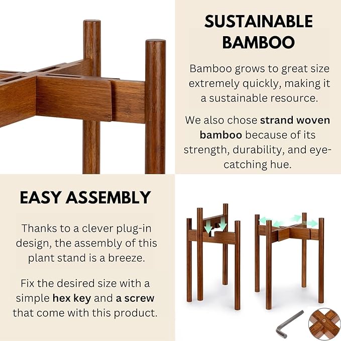 Fox & Fern Adjustable Tall Plant Stand Indoor — 8 to 12 Inch Mid Century Bamboo Plant Stand with Adjustable Width; Plug In Design; Easy to Assemble; Two Height Options - For 8, 9, 10, 11 & 12 In Pots