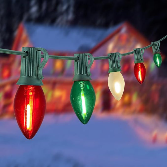Abeja 25Ft C7 Christmas Multicolor String Lights with 27 Red Green & Frosted White Edison Bulbs, Hanging Vintage Christmas Light Outdoor Waterproof for Party Garden Wedding Bistro Roofline Decor