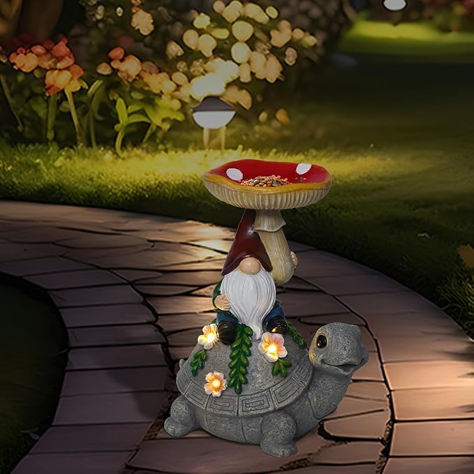 Turtle Garden Statue with Mushroom Bird Bath Outdoor Decor, Gnome Bird Feeder with Solar LED Light Waterproof for Yard Lawn Outdoor Decorations, Easter Gifts to Women Birthday Mother's Day