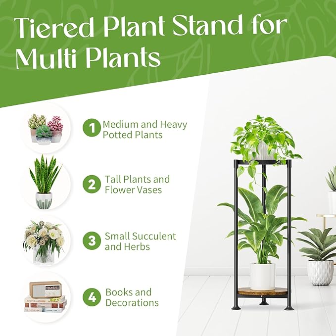 iDavosic.ly 2 Tier Corner Plant Stand Indoor, 30 Inch Tall Vertical Metal Flower Heavy Duty Pot Holder Shelf Outdoor for Patio Porch Living Room, Modern Black & Rustic Brown - Round