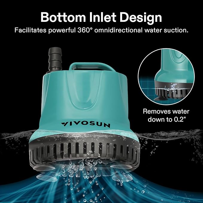 VIVOSUN 260GPH 20W Submersible Water Pump for Fish Tank, Pond, Aquarium, Hydroponic Systems with 6ft Power Cord and 3 Outlet Adapters, Blue