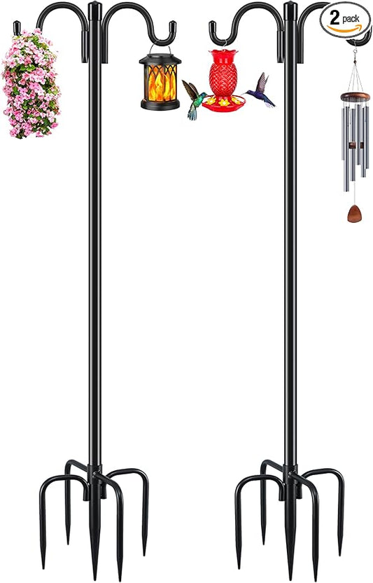 Gtongoko Double Shepherds Hook for Outdoor, 2 Pack 108 Inch Heavy Duty Bird Feeder Pole 3/4 Inch Thick Garden Hooks for Hanging Hummingbird Feeder, Plant Baskets, Solar Light Lanterns