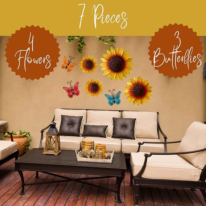 INNOBOUTIQUE Sunflower Wall Decor - Patio Sunflower Kitchen Decor Flower Wall Decor Outdoor Metal Wall Art Metal Flowers, Butterfly Decor 7 pieces