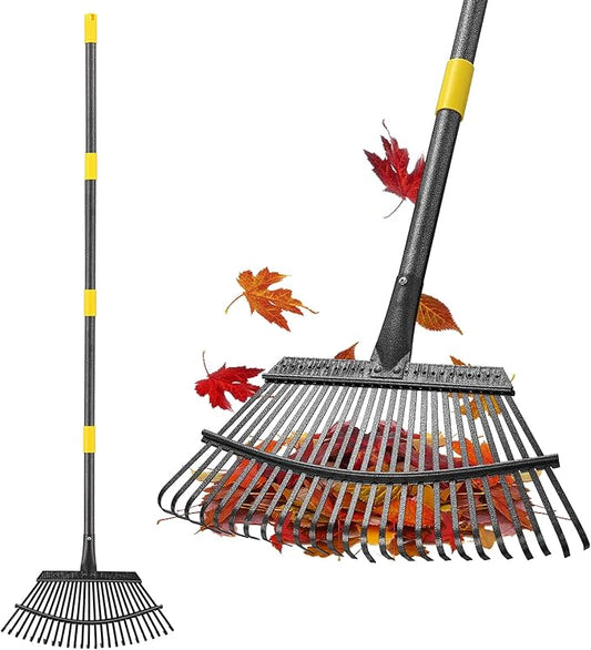 Garden Rake for Leaves, 25 Tines Leaf Rakes for Lawns Heavy Duty, 5 FT Gardening Rake with Back-Saving Long Handle, 18.5” Wide Large Rake Head for Quick Cleanup, Anti-Rust and Detachable for Camping