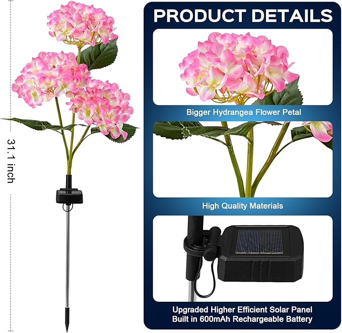 4 Pack Solar Garden Lights Outdoor, Colorful LED Waterproof Solar Powered Hydrangea Flowers Landscape Lights for Outside Yard, Patio, Pathway Decorative, Décor, Two Lighting Modes