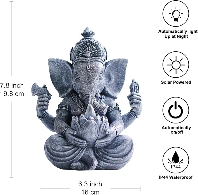 Goodeco Ganesha Statue with Solar Lotus - Hindu Elephant Statue Ganpati Idol Buddha Sculptures, Meditation Yoga Room & Garden Decor, 7.8 inches Tall (Ganesha)