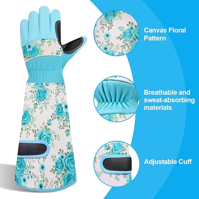 DLY Gardening Gloves for Women, Rose Gloves Gardening Thorn Proof, Long Garden Gloves for Women, Breathable & Durable Leather Gauntlet (Medium, Light Blue)