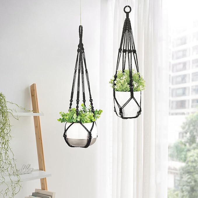 Mkono 3 Pack Macrame Plant Hangers Indoor Different Size Hanging Planter Basket Flower Pot Holder with Beads No Tassels 35"/29"/23", Medium, Black