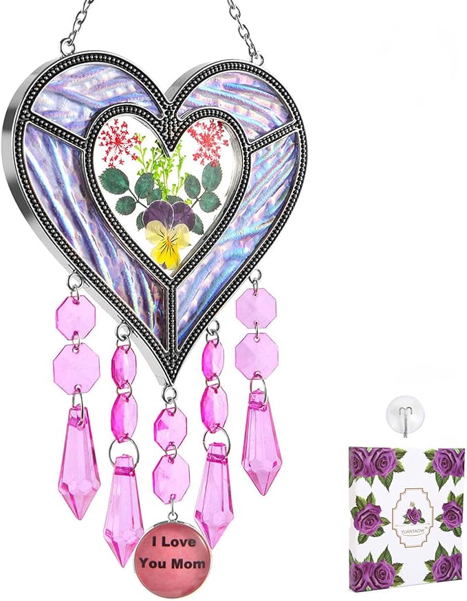 Gifts for Mom Suncatcher Heart Shaped I Love You Mom - Colored Glass Light Catcher Hanging Wind Chime Decorations Window Gifts Mother's Day Valentine's Day Birthday Christmas (Purple)
